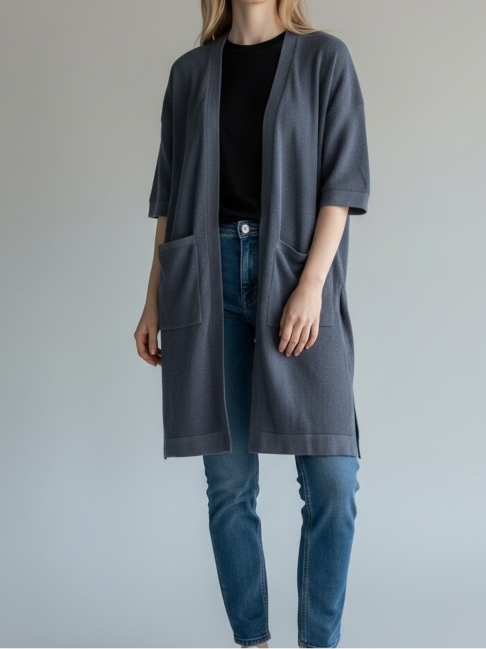 Kit and Ace Navy Merino Wool Open-Front Short-Sleeve Cardigan Pockets Slits